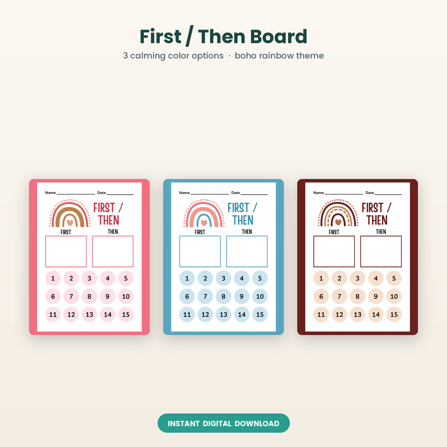 Printable First Then board for autism in 3 colors with numbered tokens — visual schedule from Zensory Shop