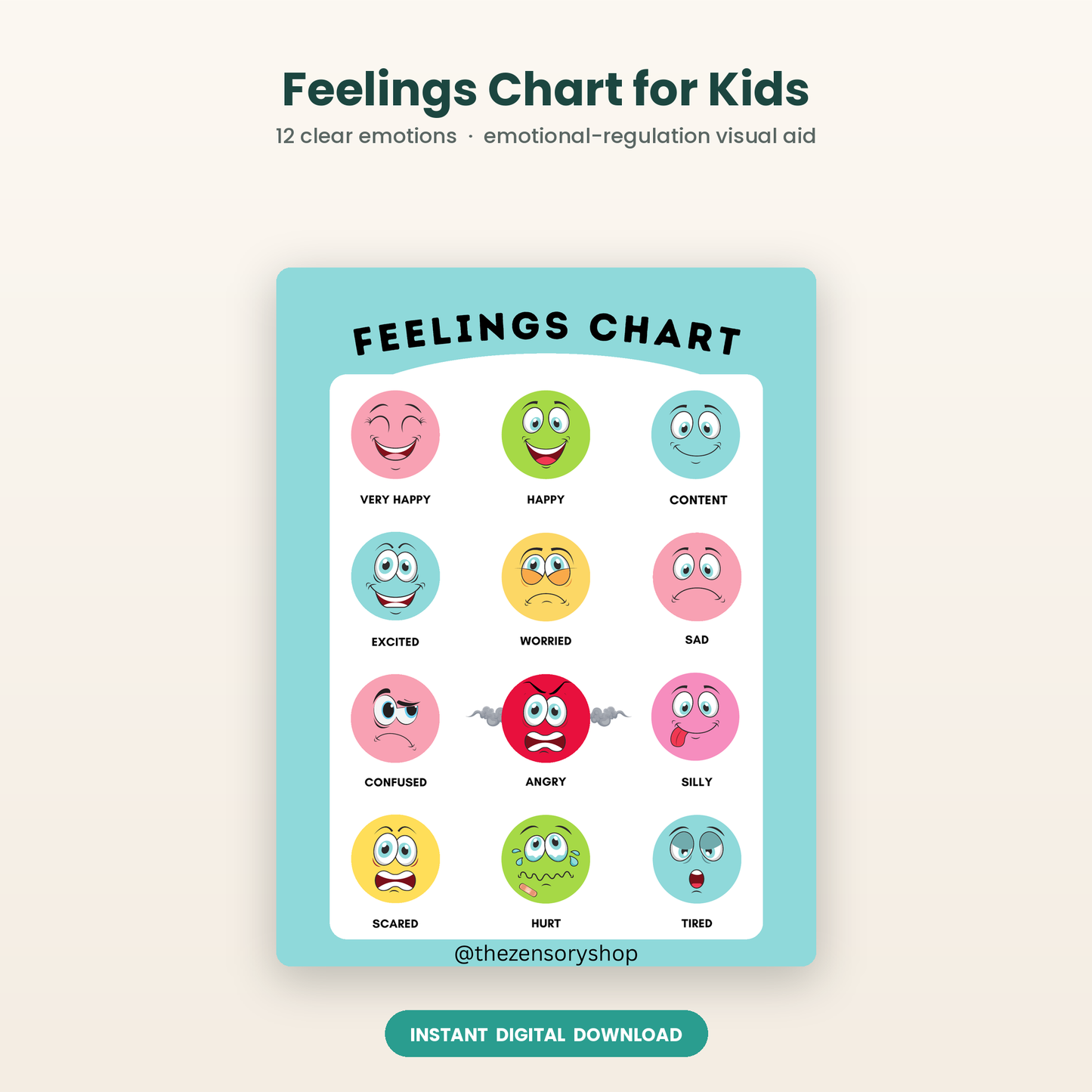 Printable feelings chart for kids with 12 illustrated emotions — emotional regulation poster from Zensory Shop
