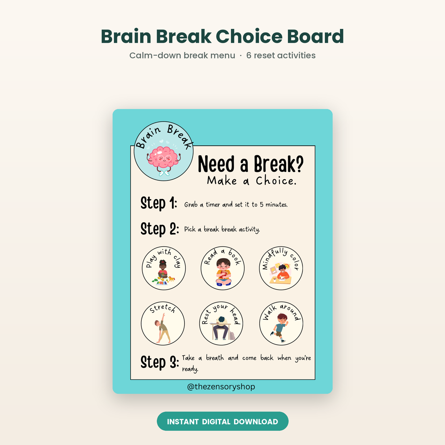 Printable brain break choice board with 6 calm-down activities for kids — self-regulation tool from Zensory Shop
