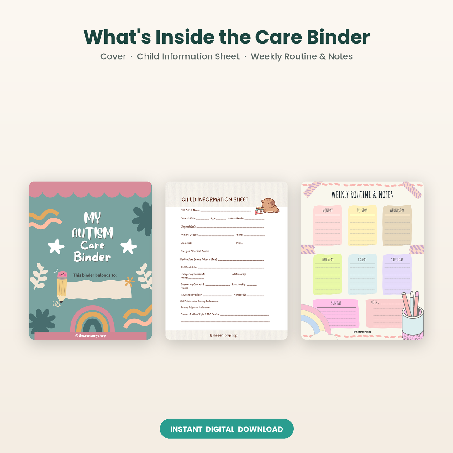 Preview of the autism care binder pages — binder cover, child info sheet, and weekly routine and notes page
