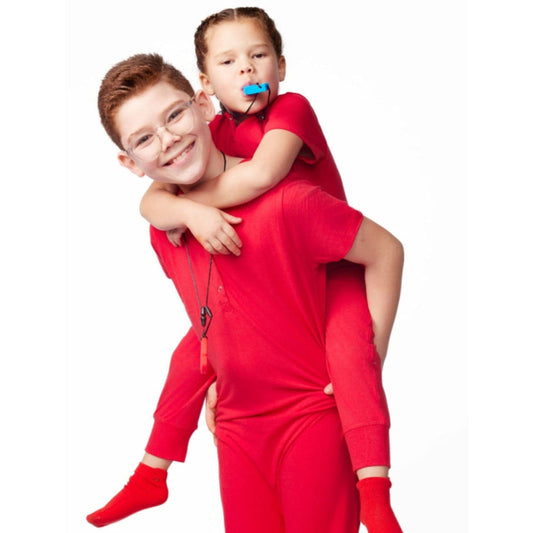 Red bamboo sensory-friendly kids' playsuit, tagless and seamless