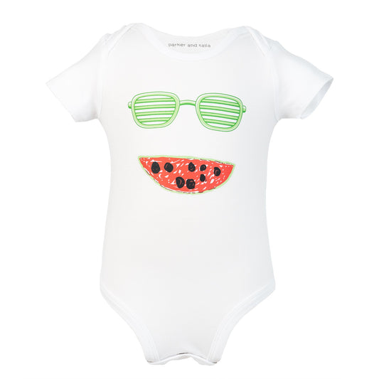 The Parker Onesie, soft bamboo baby onesie with watermelon design