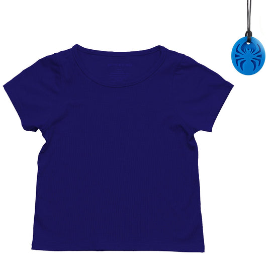 Navy sensory-friendly tagless kids' tee with chewy necklace