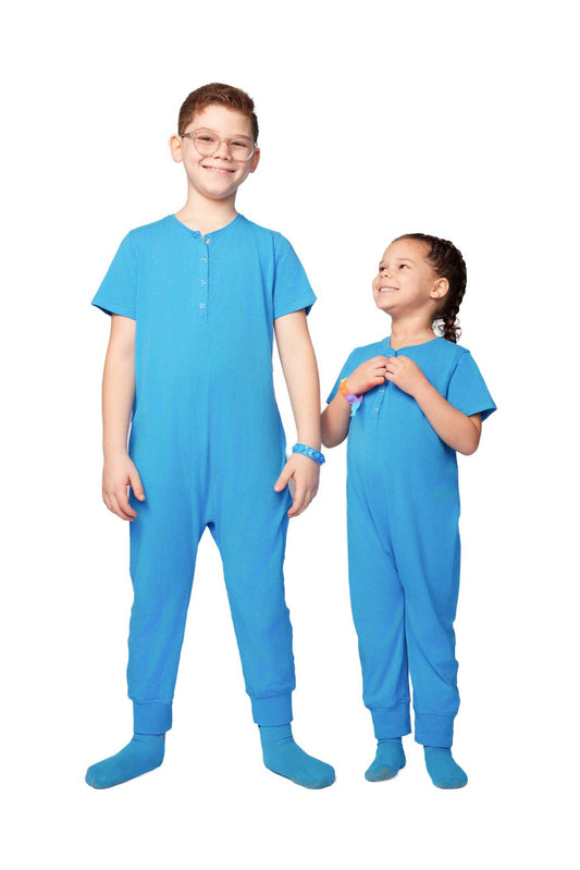 Blue bamboo sensory-friendly kids' playsuit, tagless and seamless
