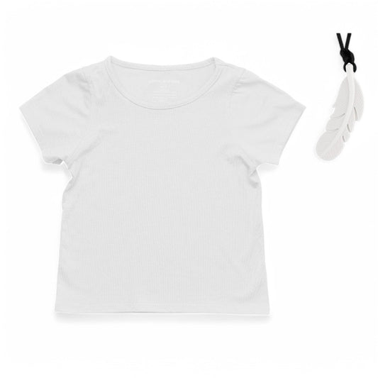 White sensory-friendly tagless kids' tee with chewy necklace